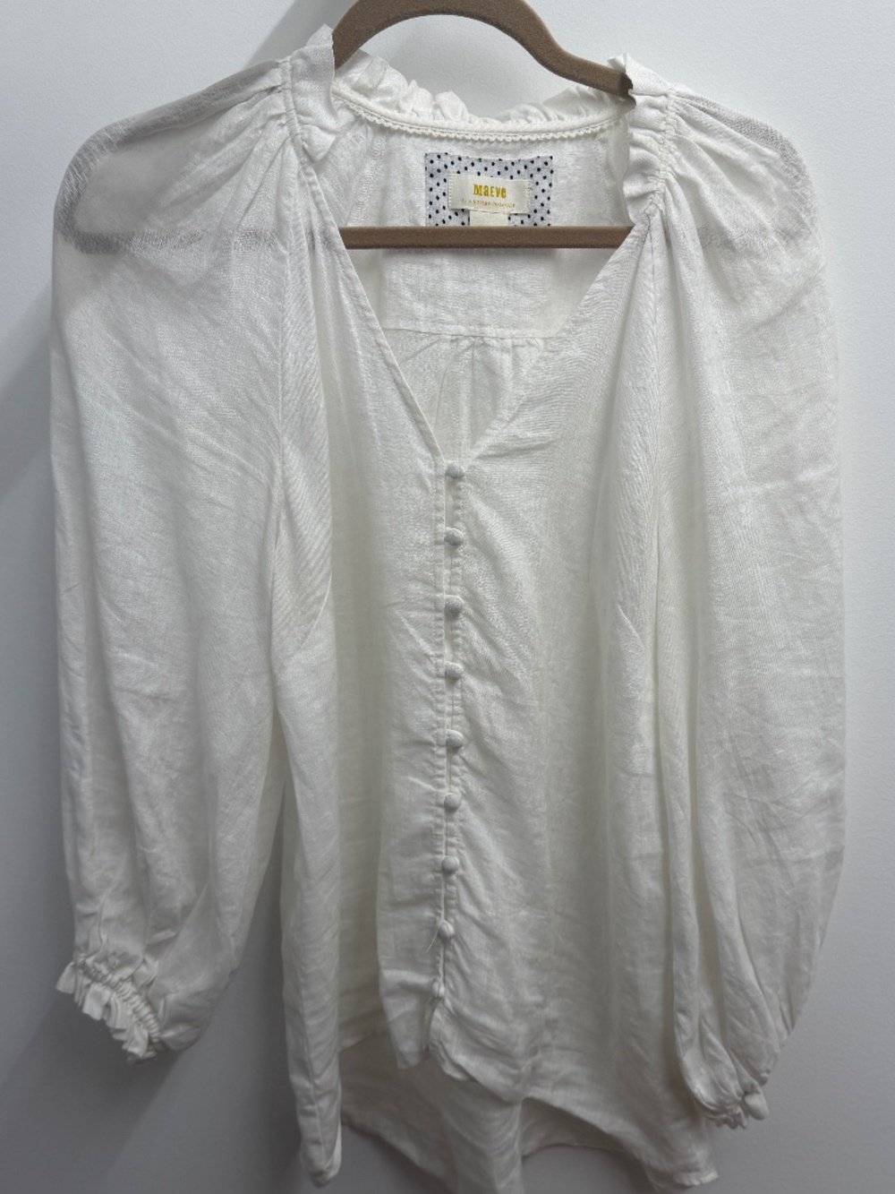 Maeve by Anthropology Blouse 100% Linen Puff Sleeve Ruffle Button Up White